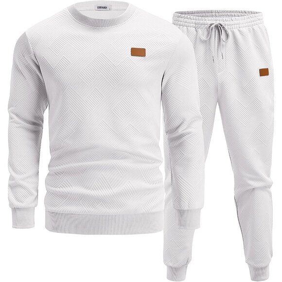 Men's 2 Piece Sweat suit Jogging Suit Set Long Sleeve Jacquard Shirt White - Picture 2 of 6